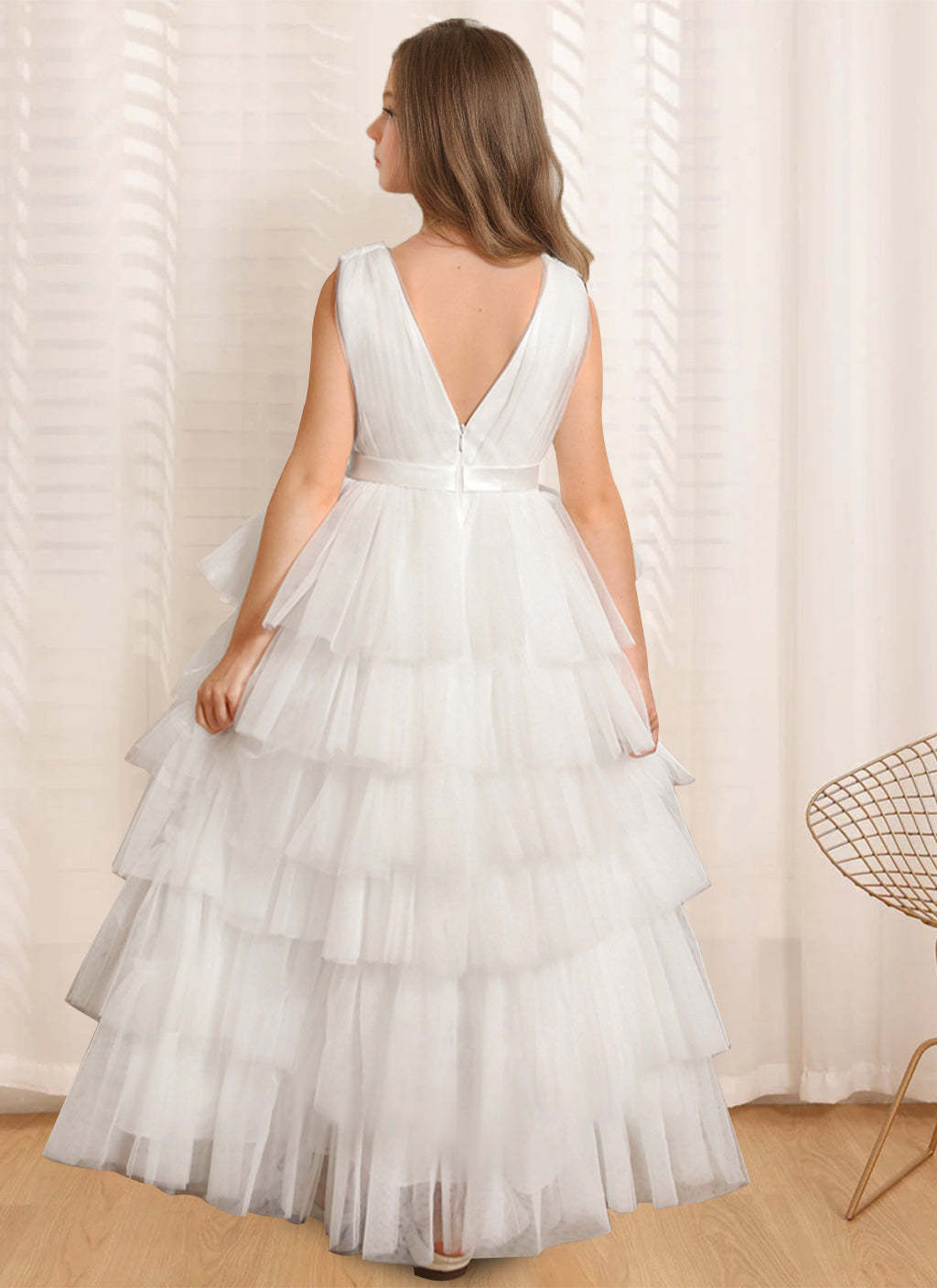 Sleeveless V-Neck Ball-Gown Flower Girl Dress with Ruffles Floor-Length