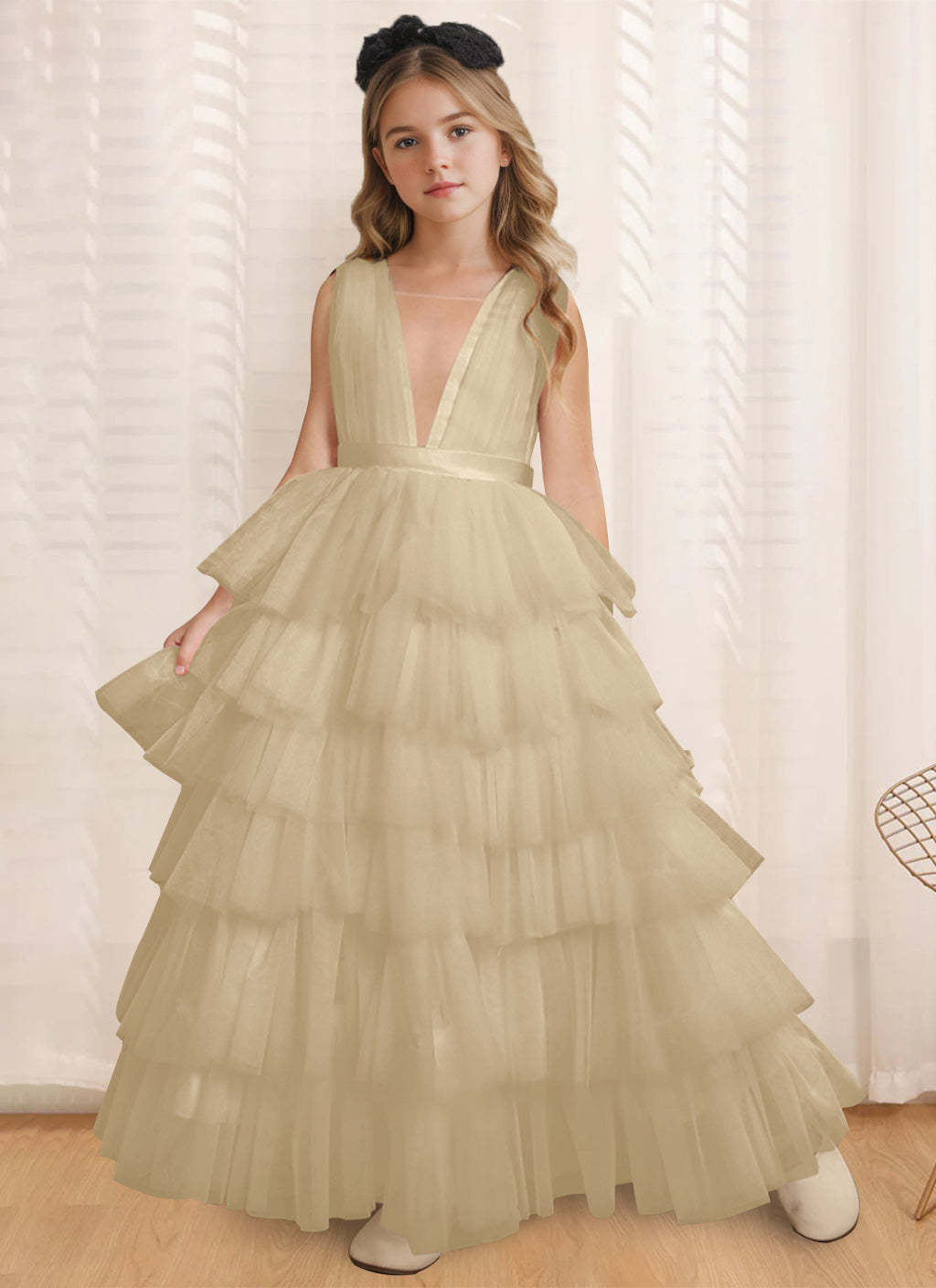 Sleeveless V-Neck Ball-Gown Flower Girl Dress with Ruffles Floor-Length