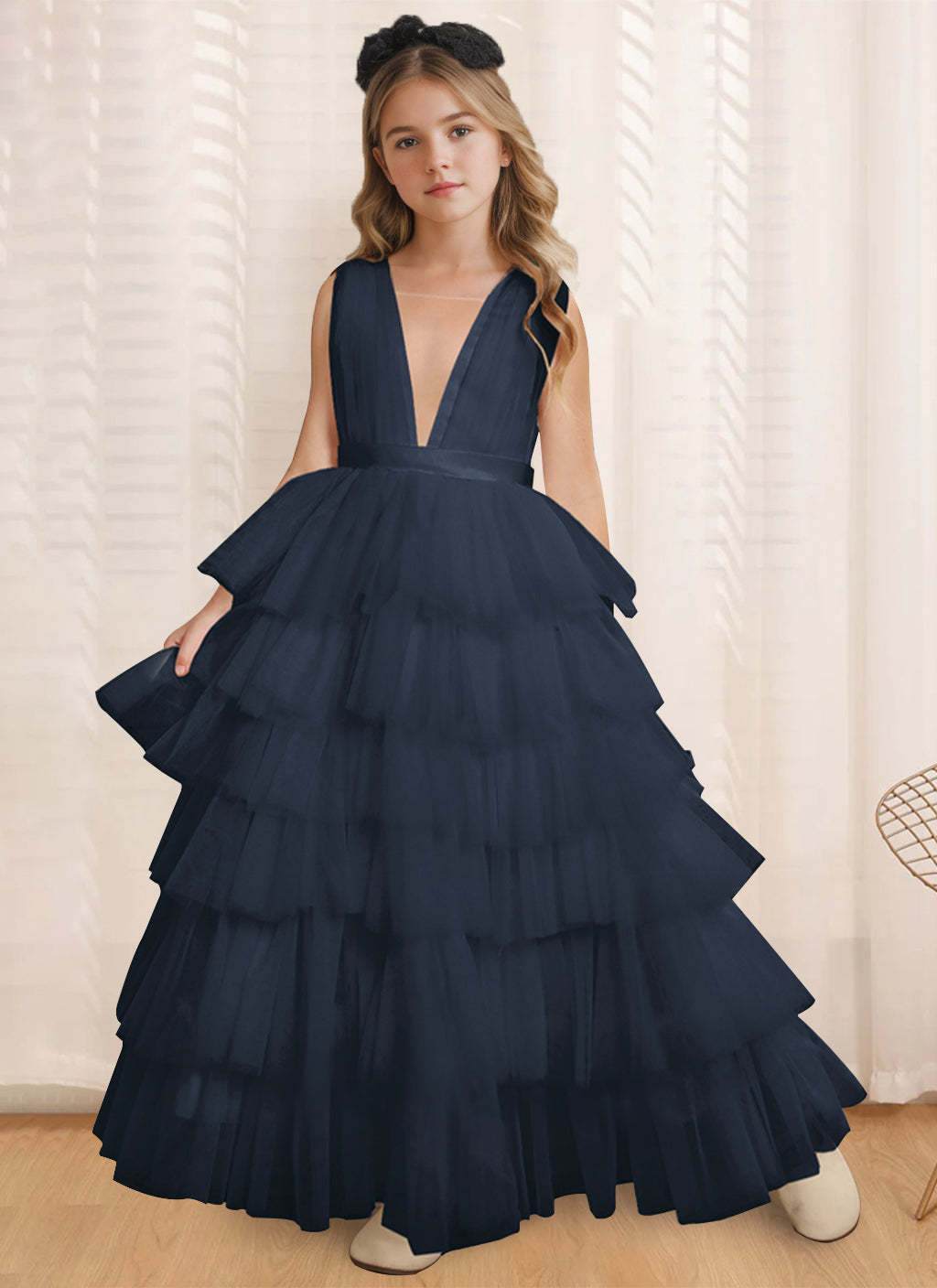 Sleeveless V-Neck Ball-Gown Flower Girl Dress with Ruffles Floor-Length