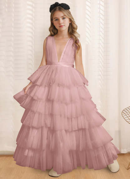 Sleeveless V-Neck Ball-Gown Flower Girl Dress with Ruffles Floor-Length