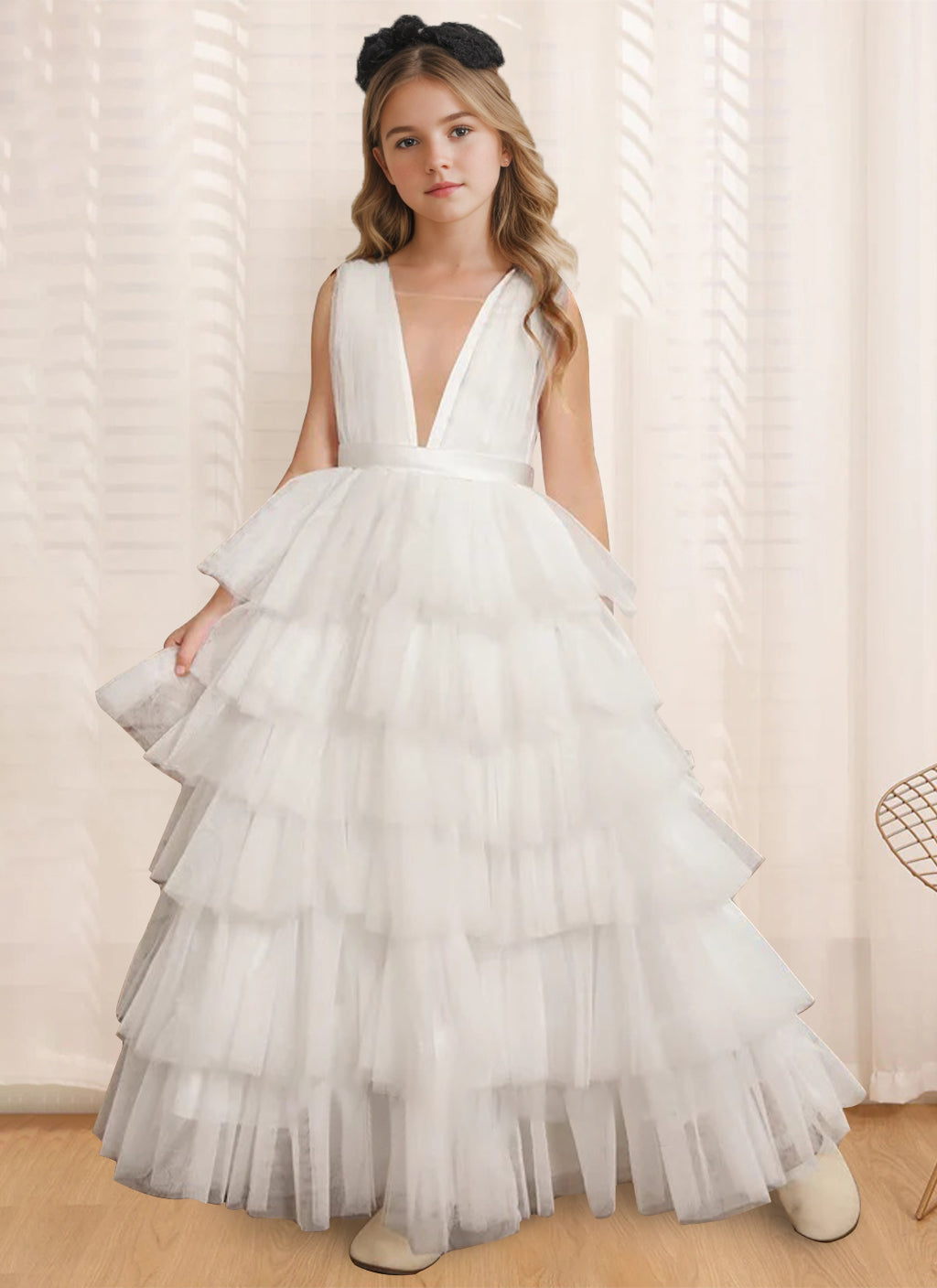 Sleeveless V-Neck Ball-Gown Flower Girl Dress with Ruffles Floor-Length