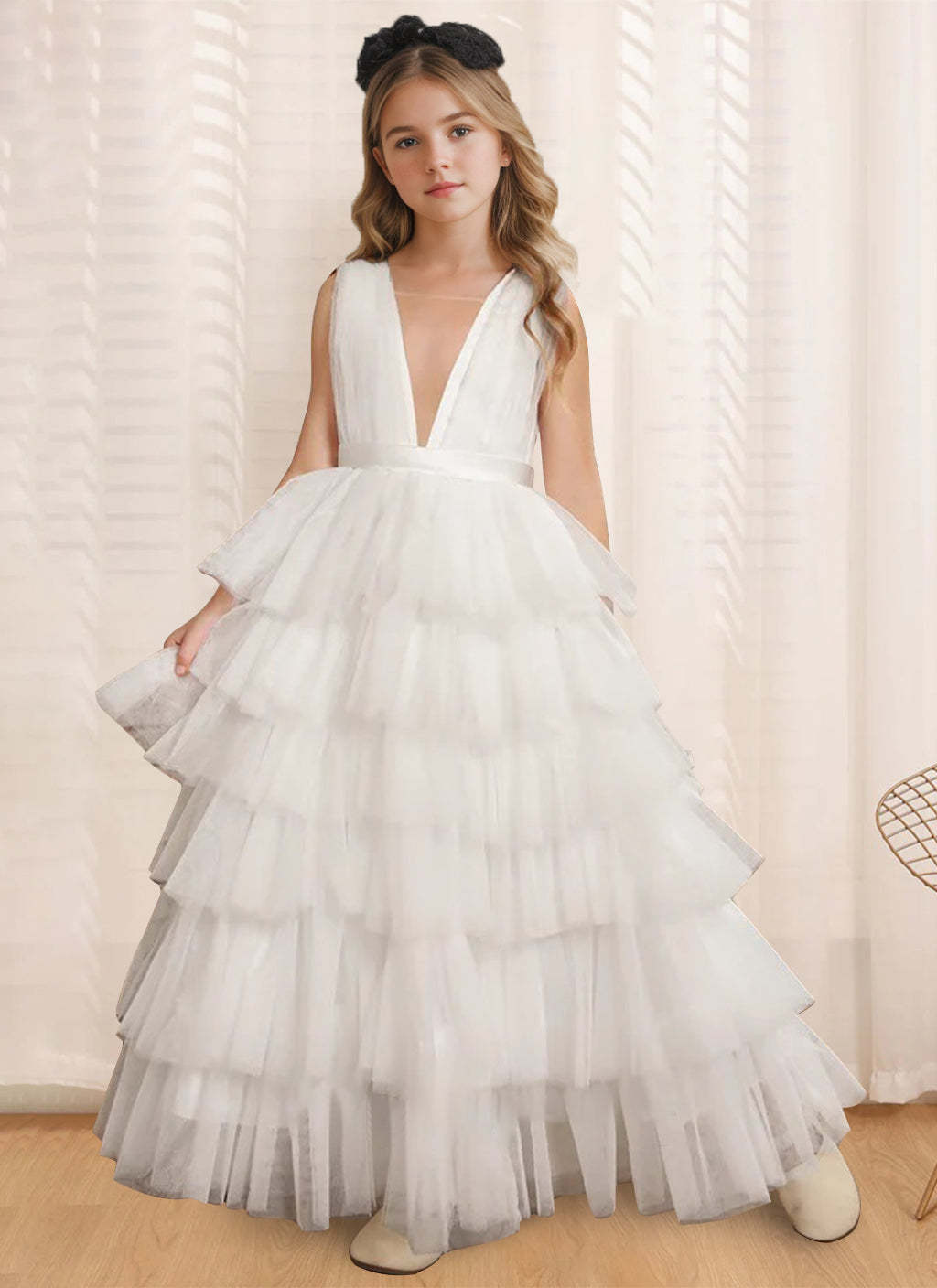 Sleeveless V-Neck Ball-Gown Flower Girl Dress with Ruffles Floor-Length
