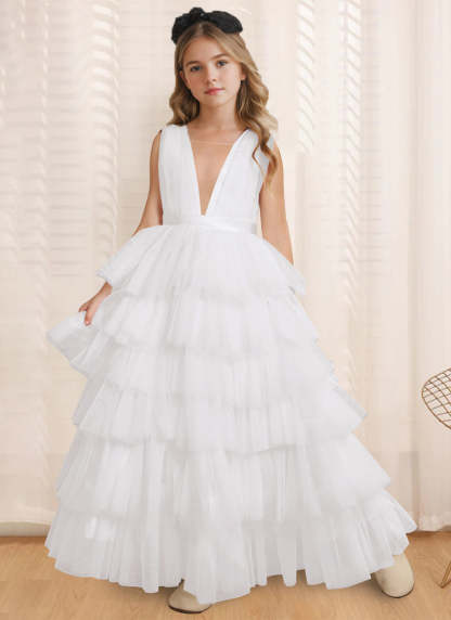 Sleeveless V-Neck Ball-Gown Flower Girl Dress with Ruffles Floor-Length