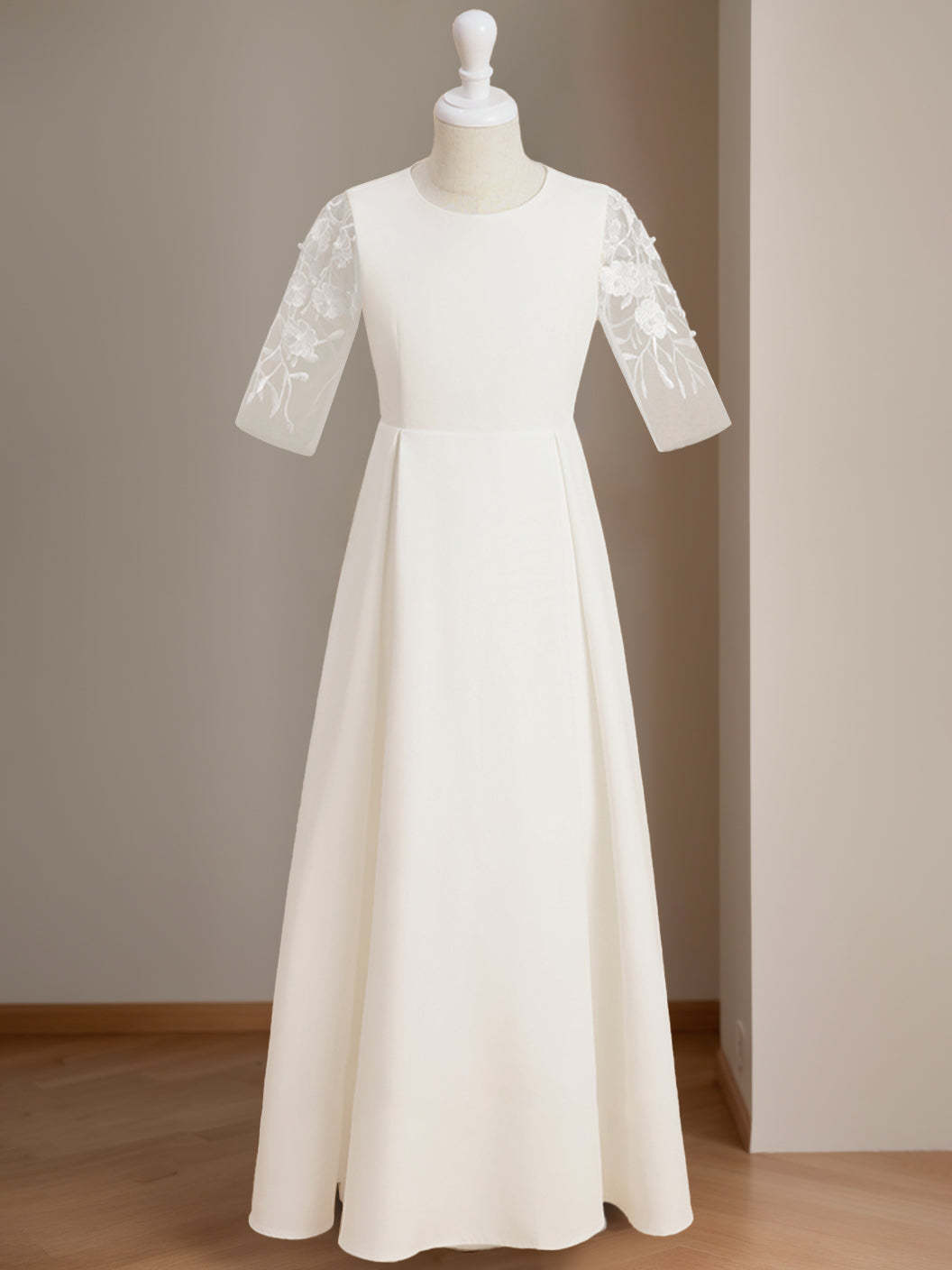 Floor-Length Flower Girl Dress with Lace in A-Line/Princess Cut and Scoop Neck Half Sleeves