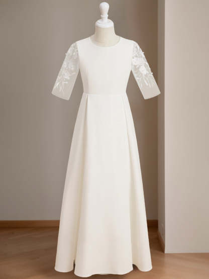 Floor-Length Flower Girl Dress with Lace in A-Line/Princess Cut and Scoop Neck Half Sleeves