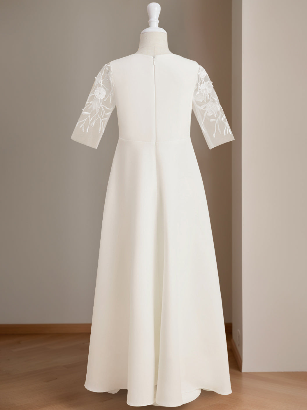 Floor-Length Flower Girl Dress with Lace in A-Line/Princess Cut and Scoop Neck Half Sleeves