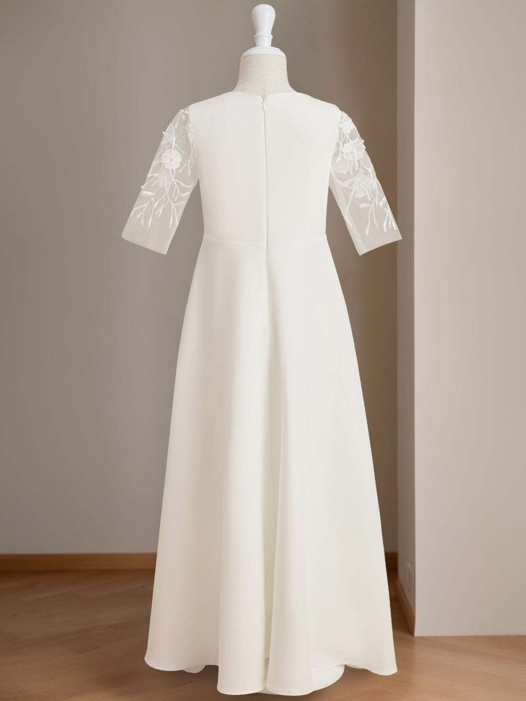 Floor-Length Flower Girl Dress with Lace in A-Line/Princess Cut and Scoop Neck Half Sleeves