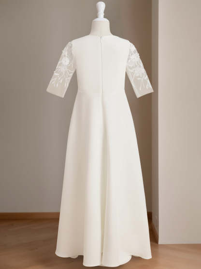Floor-Length Flower Girl Dress with Lace in A-Line/Princess Cut and Scoop Neck Half Sleeves