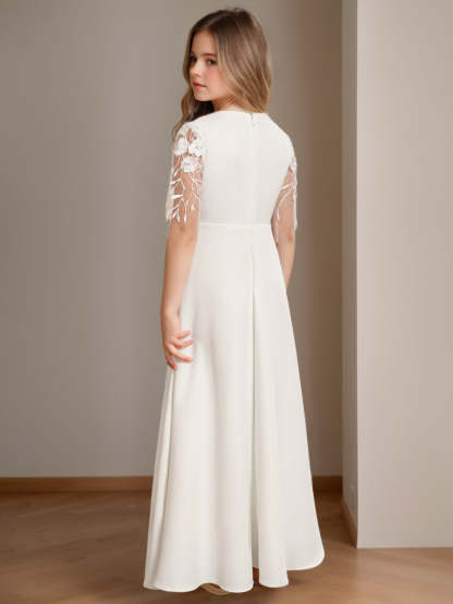 Floor-Length Flower Girl Dress with Lace in A-Line/Princess Cut and Scoop Neck Half Sleeves