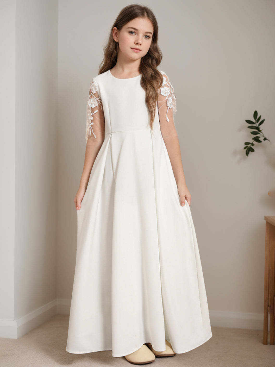 Floor-Length Flower Girl Dress with Lace in A-Line/Princess Cut and Scoop Neck Half Sleeves