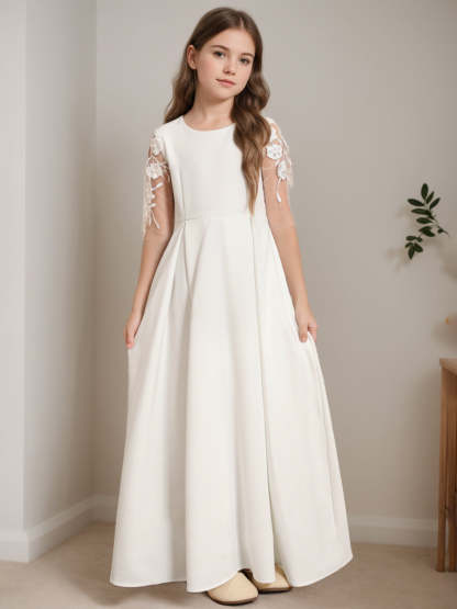 Floor-Length Flower Girl Dress with Lace in A-Line/Princess Cut and Scoop Neck Half Sleeves
