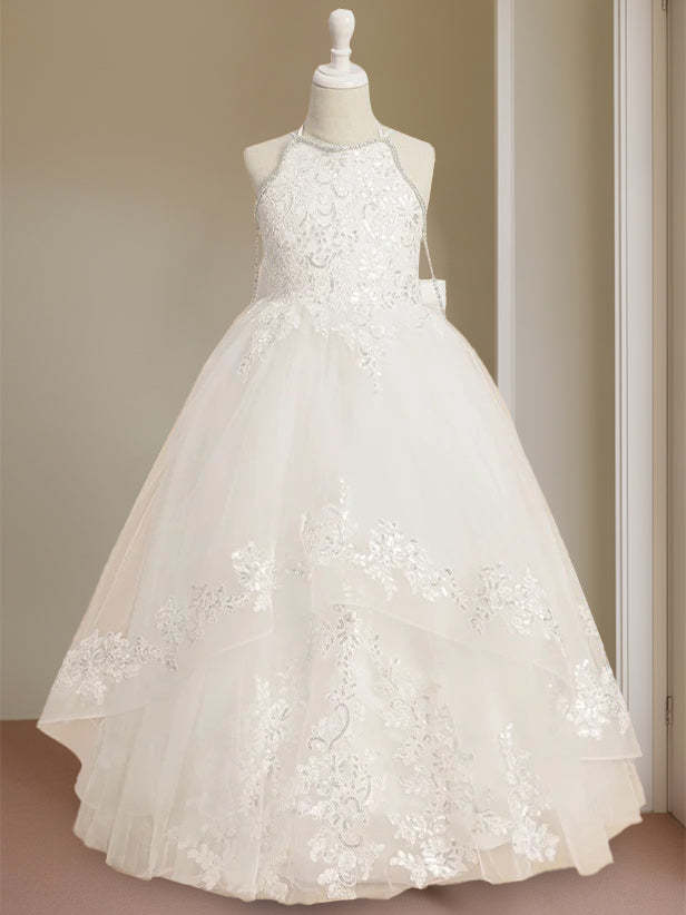 Princess A-Line Halter Floor-Length Flower Girl Dress with Rhinestone and Sleeveless Design