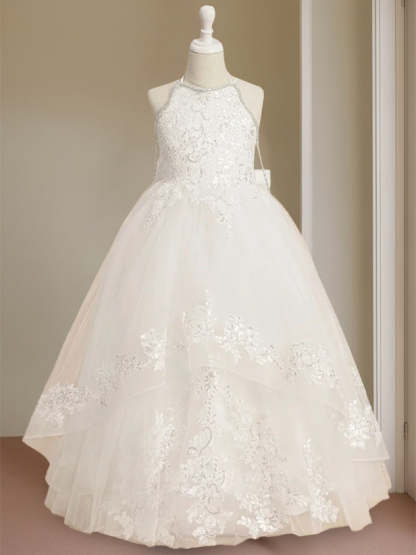 Princess A-Line Halter Floor-Length Flower Girl Dress with Rhinestone and Sleeveless Design