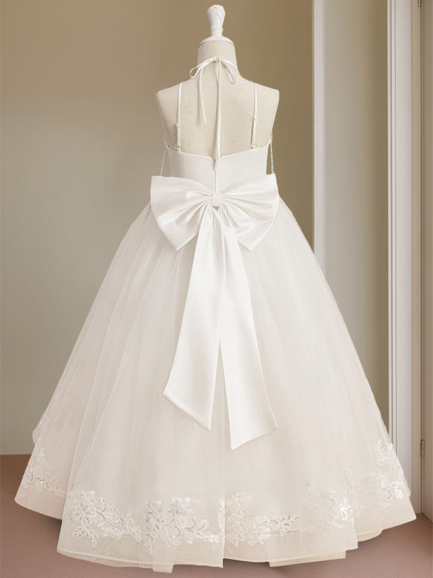 Princess A-Line Halter Floor-Length Flower Girl Dress with Rhinestone and Sleeveless Design