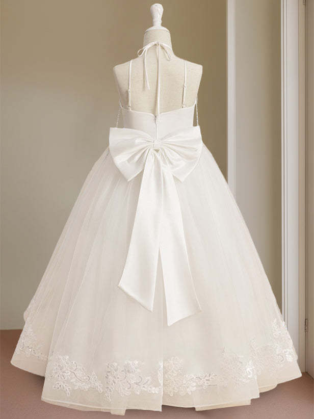 Princess A-Line Halter Floor-Length Flower Girl Dress with Rhinestone and Sleeveless Design