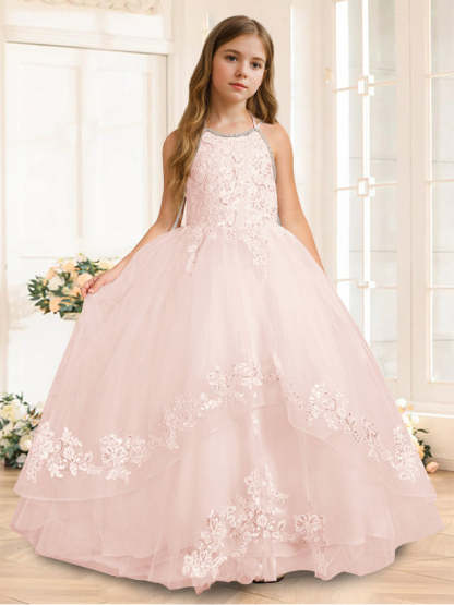 Princess A-Line Halter Floor-Length Flower Girl Dress with Rhinestone and Sleeveless Design