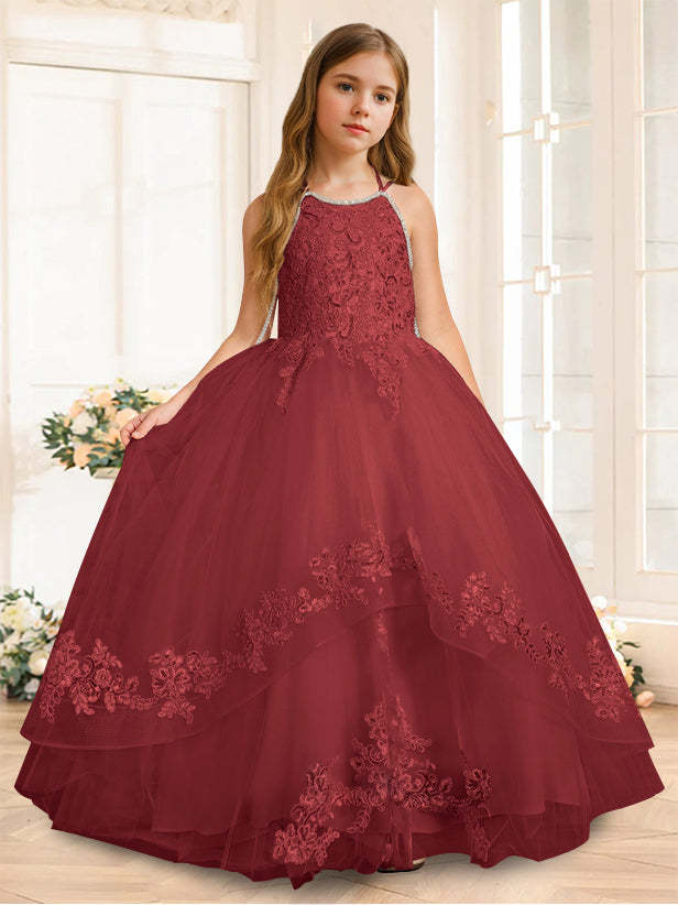 Princess A-Line Halter Floor-Length Flower Girl Dress with Rhinestone and Sleeveless Design