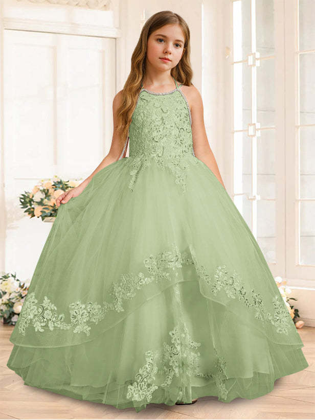 Princess A-Line Halter Floor-Length Flower Girl Dress with Rhinestone and Sleeveless Design