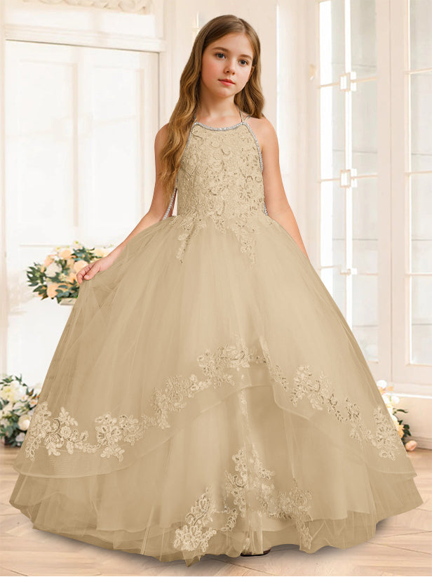 Princess A-Line Halter Floor-Length Flower Girl Dress with Rhinestone and Sleeveless Design