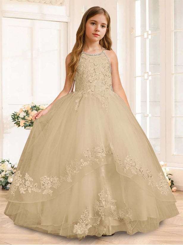Princess A-Line Halter Floor-Length Flower Girl Dress with Rhinestone and Sleeveless Design