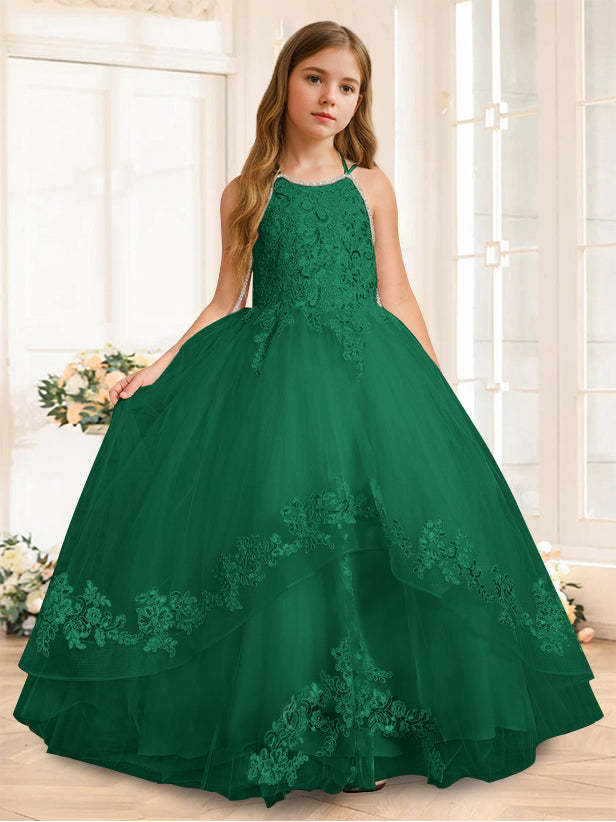Princess A-Line Halter Floor-Length Flower Girl Dress with Rhinestone and Sleeveless Design