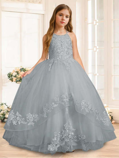 Princess A-Line Halter Floor-Length Flower Girl Dress with Rhinestone and Sleeveless Design