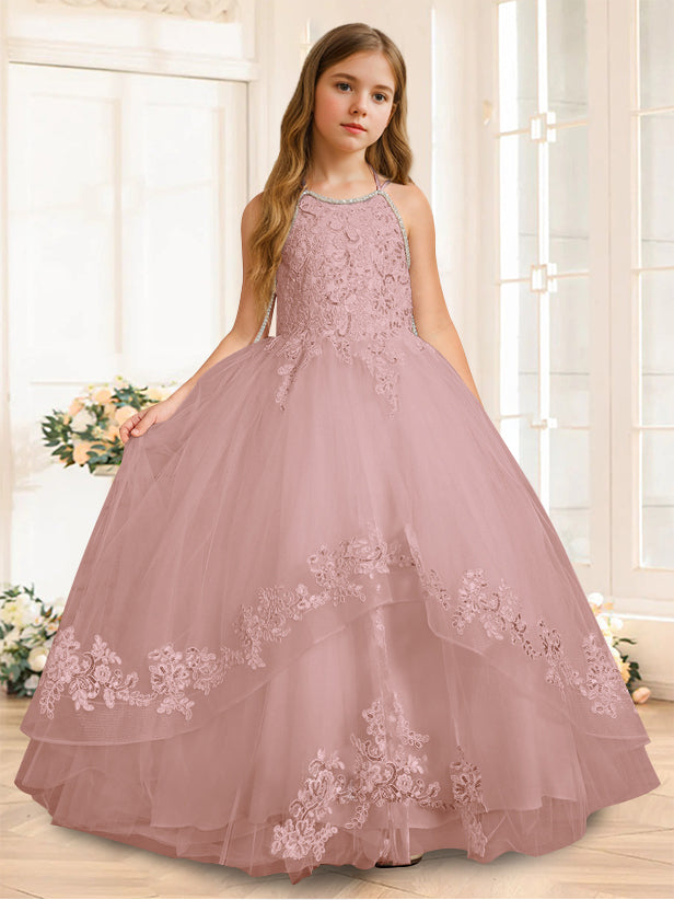 Princess A-Line Halter Floor-Length Flower Girl Dress with Rhinestone and Sleeveless Design