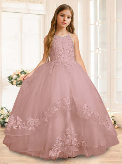 Princess A-Line Halter Floor-Length Flower Girl Dress with Rhinestone and Sleeveless Design