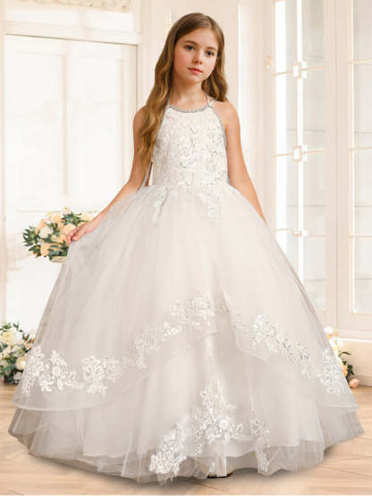 Princess A-Line Halter Floor-Length Flower Girl Dress with Rhinestone and Sleeveless Design