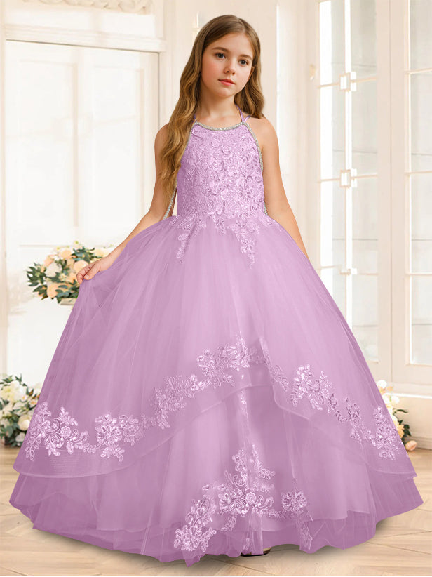 Princess A-Line Halter Floor-Length Flower Girl Dress with Rhinestone and Sleeveless Design