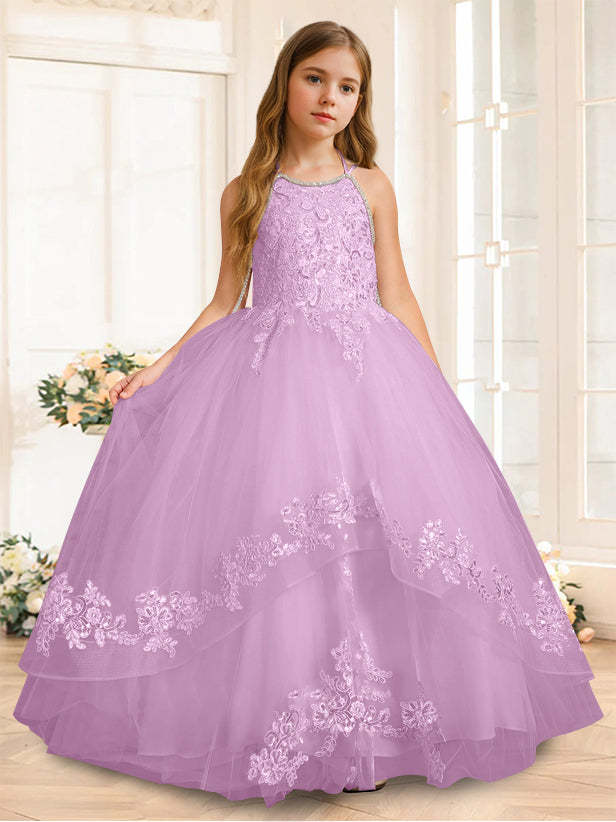 Princess A-Line Halter Floor-Length Flower Girl Dress with Rhinestone and Sleeveless Design