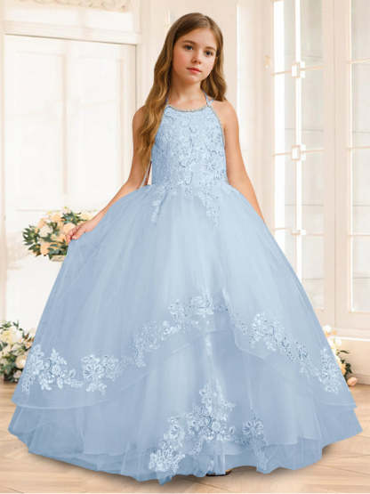 Princess A-Line Halter Floor-Length Flower Girl Dress with Rhinestone and Sleeveless Design