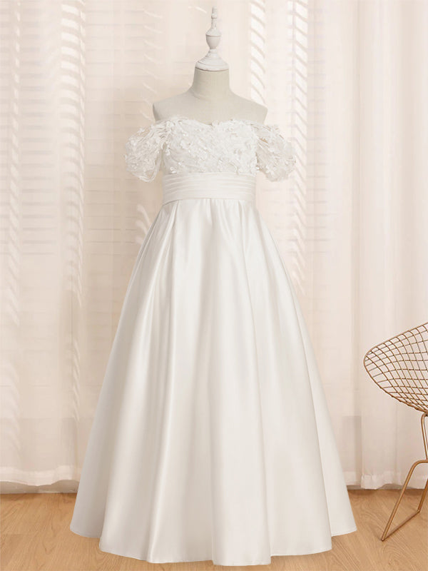 Princess A-Line Off-the-Shoulder Flower Girl Dress with Short Sleeves and Floor-Length Ruffles