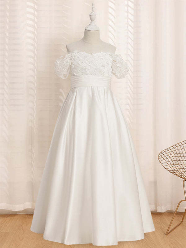 Princess A-Line Off-the-Shoulder Flower Girl Dress with Short Sleeves and Floor-Length Ruffles