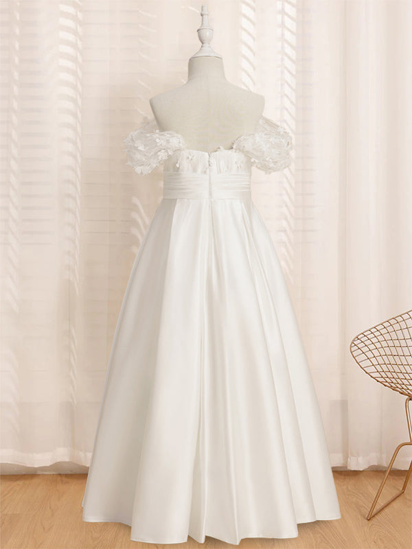 Princess A-Line Off-the-Shoulder Flower Girl Dress with Short Sleeves and Floor-Length Ruffles