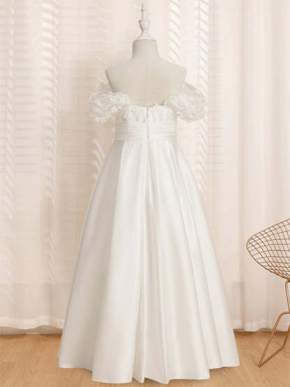 Princess A-Line Off-the-Shoulder Flower Girl Dress with Short Sleeves and Floor-Length Ruffles