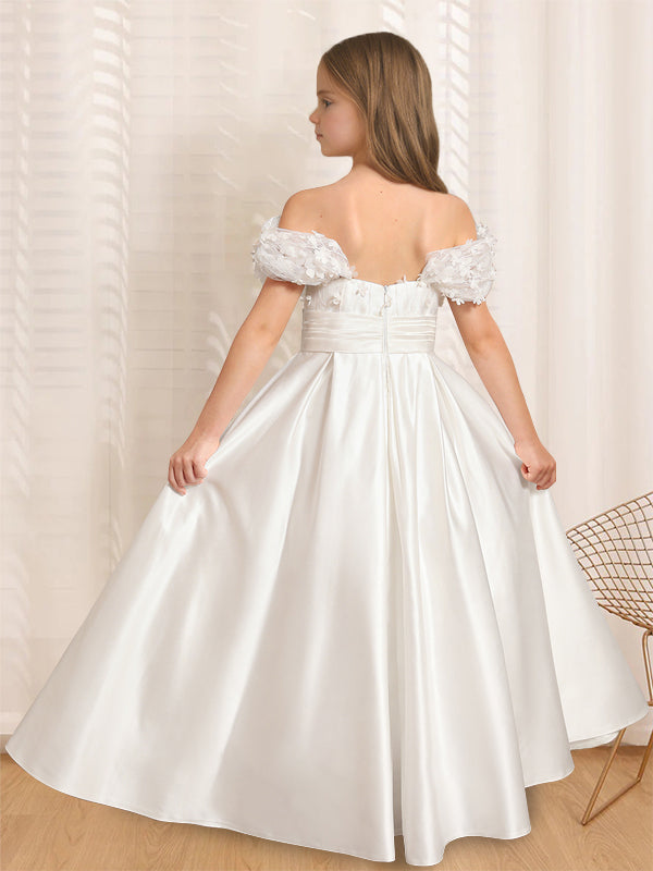 Princess A-Line Off-the-Shoulder Flower Girl Dress with Short Sleeves and Floor-Length Ruffles
