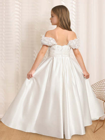 Princess A-Line Off-the-Shoulder Flower Girl Dress with Short Sleeves and Floor-Length Ruffles