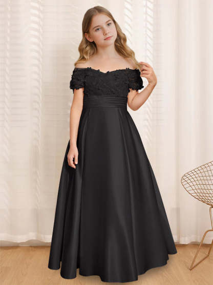 Princess A-Line Off-the-Shoulder Flower Girl Dress with Short Sleeves and Floor-Length Ruffles