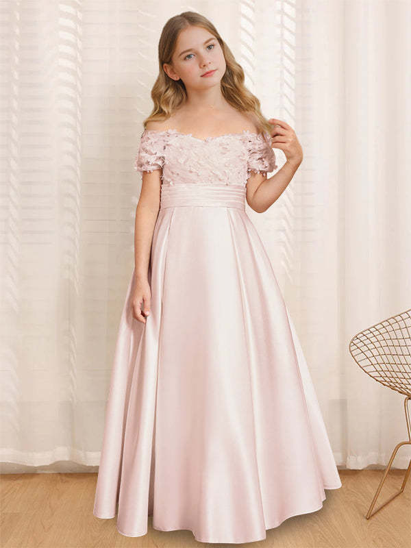 Princess A-Line Off-the-Shoulder Flower Girl Dress with Short Sleeves and Floor-Length Ruffles