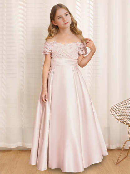 Princess A-Line Off-the-Shoulder Flower Girl Dress with Short Sleeves and Floor-Length Ruffles