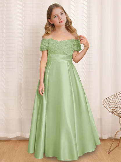 Princess A-Line Off-the-Shoulder Flower Girl Dress with Short Sleeves and Floor-Length Ruffles
