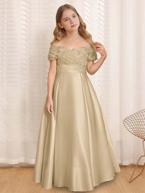 Princess A-Line Off-the-Shoulder Flower Girl Dress with Short Sleeves and Floor-Length Ruffles