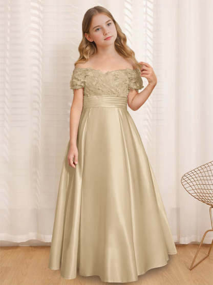 Princess A-Line Off-the-Shoulder Flower Girl Dress with Short Sleeves and Floor-Length Ruffles