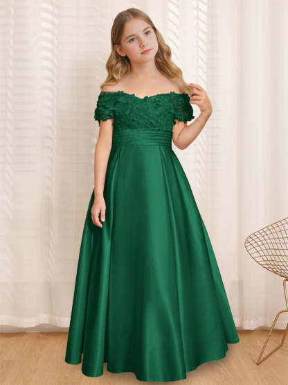 Princess A-Line Off-the-Shoulder Flower Girl Dress with Short Sleeves and Floor-Length Ruffles