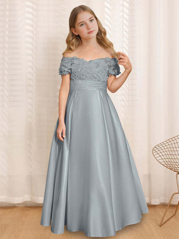 Princess A-Line Off-the-Shoulder Flower Girl Dress with Short Sleeves and Floor-Length Ruffles