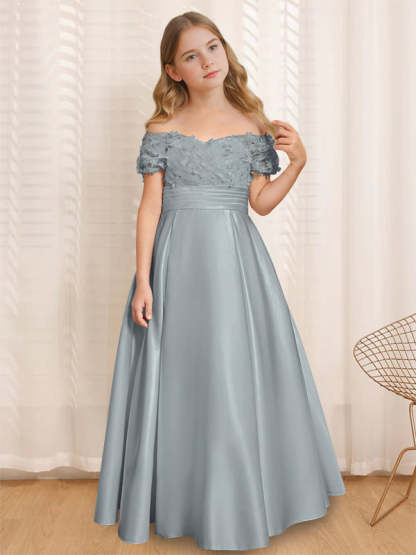 Princess A-Line Off-the-Shoulder Flower Girl Dress with Short Sleeves and Floor-Length Ruffles