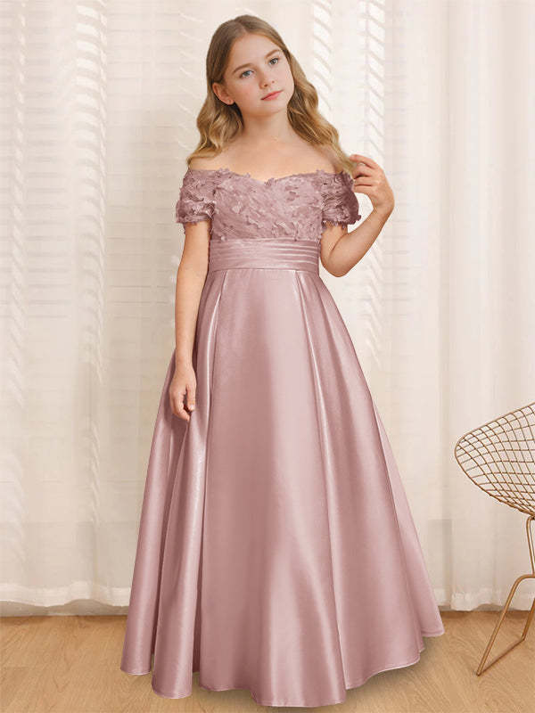 Princess A-Line Off-the-Shoulder Flower Girl Dress with Short Sleeves and Floor-Length Ruffles