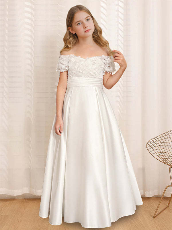 Princess A-Line Off-the-Shoulder Flower Girl Dress with Short Sleeves and Floor-Length Ruffles