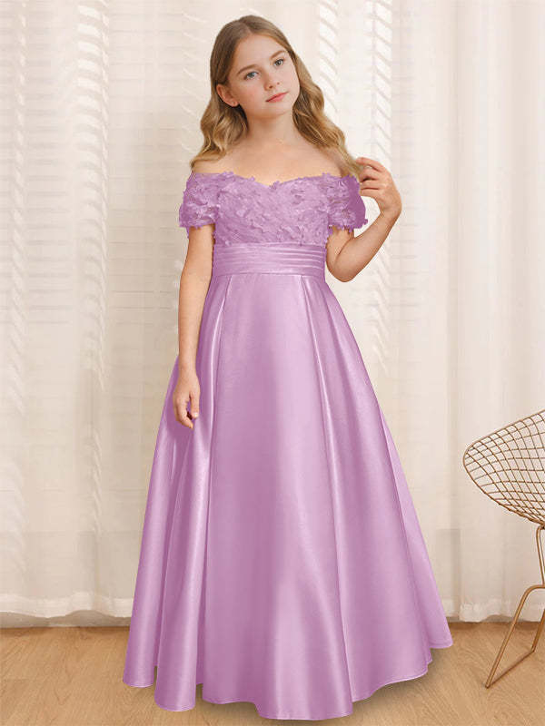 Princess A-Line Off-the-Shoulder Flower Girl Dress with Short Sleeves and Floor-Length Ruffles